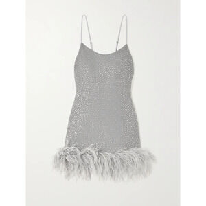 Leslie Amon 'Laurie' Black Feather-Trimmed Crystal-Embellished Stretch-Crepe